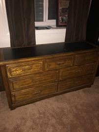WOODEN LONG DRESSER WITH MIRROR / NIGHTSTAND AND FULL SIZE HEADBOARD