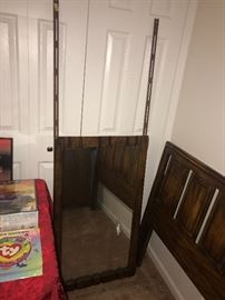 WOODEN LONG DRESSER WITH MIRROR / NIGHTSTAND AND FULL SIZE HEADBOARD