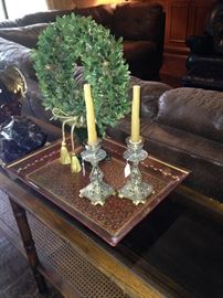 Matching candlesticks; red & gold tray