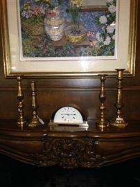 Mantel clock and brass candlesticks