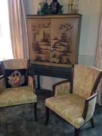 Very fine Asian cabinet/bar and matching arm upholstered chairs