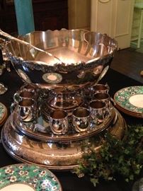 Impressive silver plate punch bowl, cups, and fabulous mirrored plateau