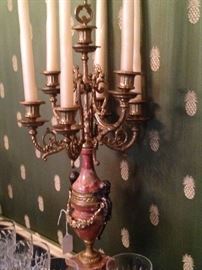 One of two exquisite brass and marble candelabras