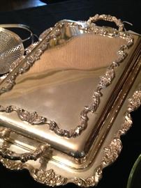 Elaborate silver plate covered serving  tray