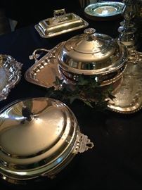 Silver plate trays and covered casseroles 