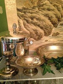 Silver plate ice bucket, candle holder, compote, and bowl
