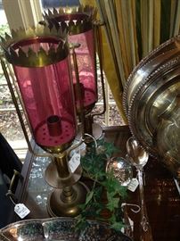 Cranberry and brass candle holders