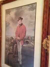 Framed art of a man golfer  (Could that be the Swilcan Bridge, or Swilken Bridge, at  St. Andrews Golf Course in Scotland?)