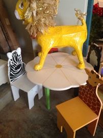 Darling children's table and 4 animal chairs; lion pinata 