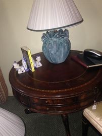 One of two matching lamps; gorgeous drum table (as is)