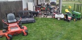 Bad Boy zero turn, John Deere lawn tractor, Craftsman lawn sweep, snow blower, air compressor, Homelite edger, power washers, chainsaws, power drain snake, weed whips, hedge trimmers, yard cart, chemical spreader