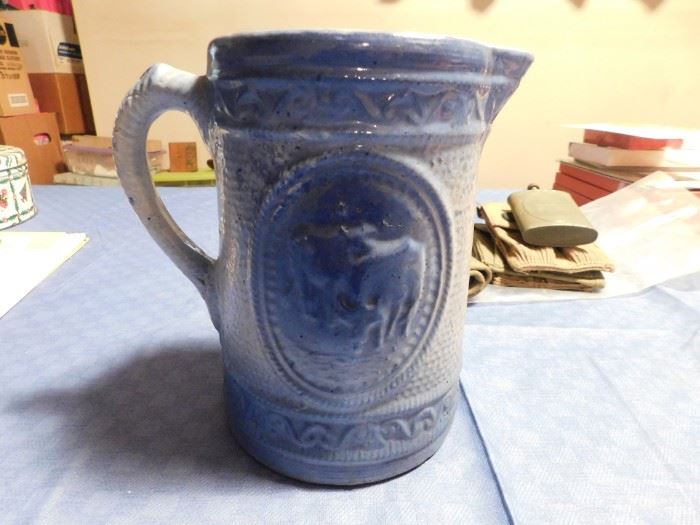 Old Cobalt and Cream Stoneware Pitcher with Cows