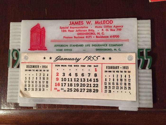 1955 Jefferson Standard Life Insurance Calendar Greensboro, N.C.