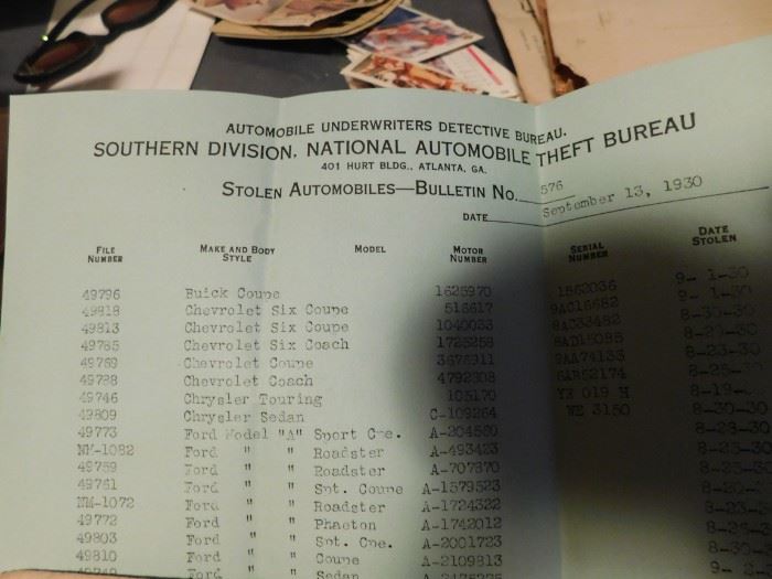 1930 Stolen Automobile Bulletin