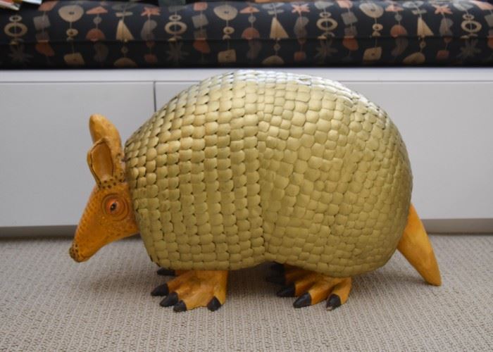 $500- Sergio Bustamante Paper Mache Armadillo Art Sculpture, Signed (Approx. 26" L x 11" W x 18" H, some minor damage)
