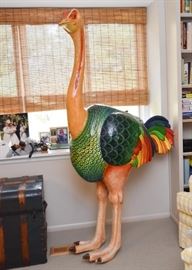 $650- Sergio Bustamante Paper Mache Ostrich Art Sculpture (Approx. 40" L x 21" W x 74" H, some minor damage)