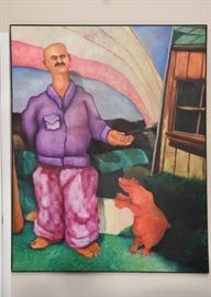 $800 - Large Framed Original Artwork / Painting of Man & Dog by Skip Hartzell (Approx. 48" L x 60" H)