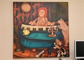 $750 - Large Framed Original Artwork / Painting of Piano Player & Dogs by Skip Hartzell (Approx. 48" L x 48" H)