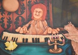 $750 - Large Framed Original Artwork / Painting of Piano Player & Dogs by Skip Hartzell (Approx. 48" L x 48" H)