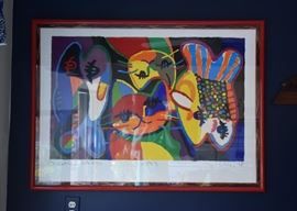 $300 - Large Framed Limited Edition Artwork, "Two Cats & Double Fish" by Michael Leu (Approx. 44" L x 32" H)