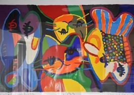 $300 - Large Framed Limited Edition Artwork, "Two Cats & Double Fish" by Michael Leu (Approx. 44" L x 32" H)