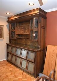 $2,800 - Incredible Custom Made Oak Bar with Grain Bin & Leaded Glass (2 Separate Pieces), Featured in Better Homes & Gardens (Approx. 81" L x 25" W x 92" H) - SOLD AS ONE UNIT ONLY.