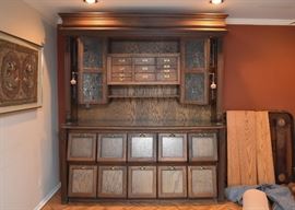 $2,800 - Incredible Custom Made Oak Bar with Grain Bin & Leaded Glass (2 Separate Pieces), Featured in Better Homes & Gardens (Approx. 81" L x 25" W x 92" H) - SOLD AS ONE UNIT ONLY.