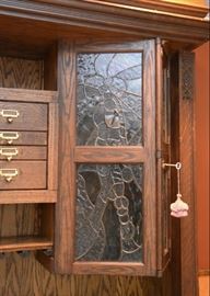 $2,800 - Incredible Custom Made Oak Bar with Grain Bin & Leaded Glass (2 Separate Pieces), Featured in Better Homes & Gardens (Approx. 81" L x 25" W x 92" H) - SOLD AS ONE UNIT ONLY.