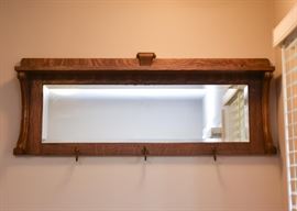$120 - Antique Oak Entry Mirror with Hat Hooks (Approx. 40" L x 16" H)