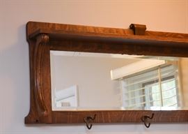 $120 - Antique Oak Entry Mirror with Hat Hooks (Approx. 40" L x 16" H)