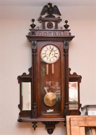 SOLD - Antique Victorian Wall Clock with Curio Shelves, Mirrors, & Carved Eagle (Approx. 26" W x 57" H)