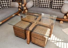 $300 - Bamboo & Glass Coffee Table with 4 Wicker Stools