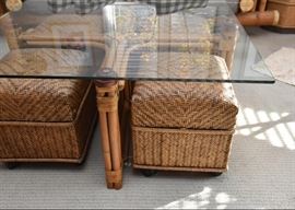 $300 - Bamboo & Glass Coffee Table with 4 Wicker Stools