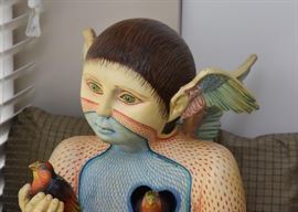 Sergio Bustamante Hand Painted Ceramic Sculpture - "Boy with Bird" (Approx. 24" H)