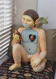 Sergio Bustamante Hand Painted Ceramic Sculpture - "Boy with Bird" (Approx. 24" H)
