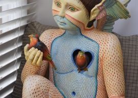 Sergio Bustamante Hand Painted Ceramic Sculpture - "Boy with Bird" (Approx. 24" H)