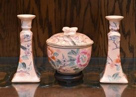 Chinese Lidded Bowl with Matching Candlesticks