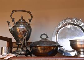 Silverplate Tea Pot & Serving Pieces, Metal Serving Tray