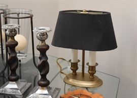 Small Brass Table Lamp with Black Shade, Candlesticks
