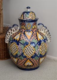Large Mexican Talavera Pottery Lidded Urn