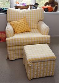 Yellow & White Check Upholstered Armchair with Storage Ottoman