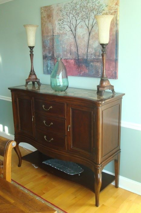 American Drew marble top sideboard, candlesticks & art. 