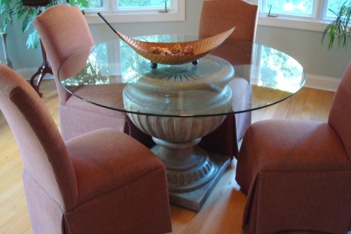 round dining room  glass top table and four Lane upholstered chairs.