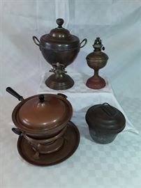 JOS HEINRICHS Arts & Crafts Ebony and Brass Mounted Copper Covered Chafing Dish on Stand          https://ctbids.com/#!/description/share/58713