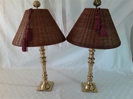 Beautiful Pair of Brass Lamps with Wicker Shades https://ctbids.com/#!/description/share/58719