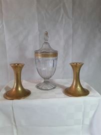 Pair of Vintage T &V LIMOGES 22kt Candlestick Holders and Decorative Gold/Glass Container