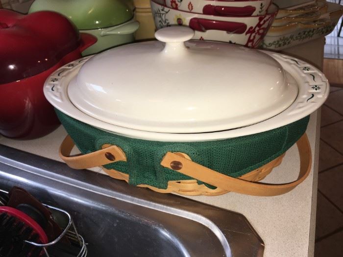 Longaberger covered casserole in basket