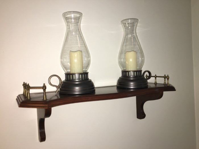 Ethan Allen shelf and faux (battery) hurricane candles.
