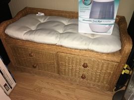 wicker bench with storage and upholstered seat