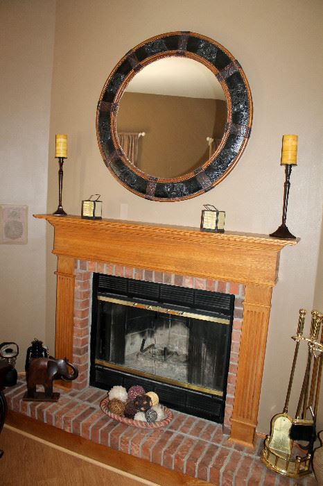 Round mirror, home decor, brass fireplace tools